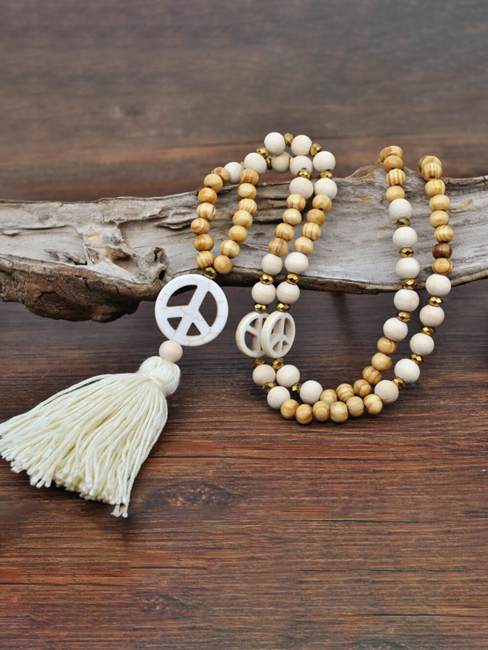 Wooden Beads Tassel and Peace Charm Pendant Long Necklace
