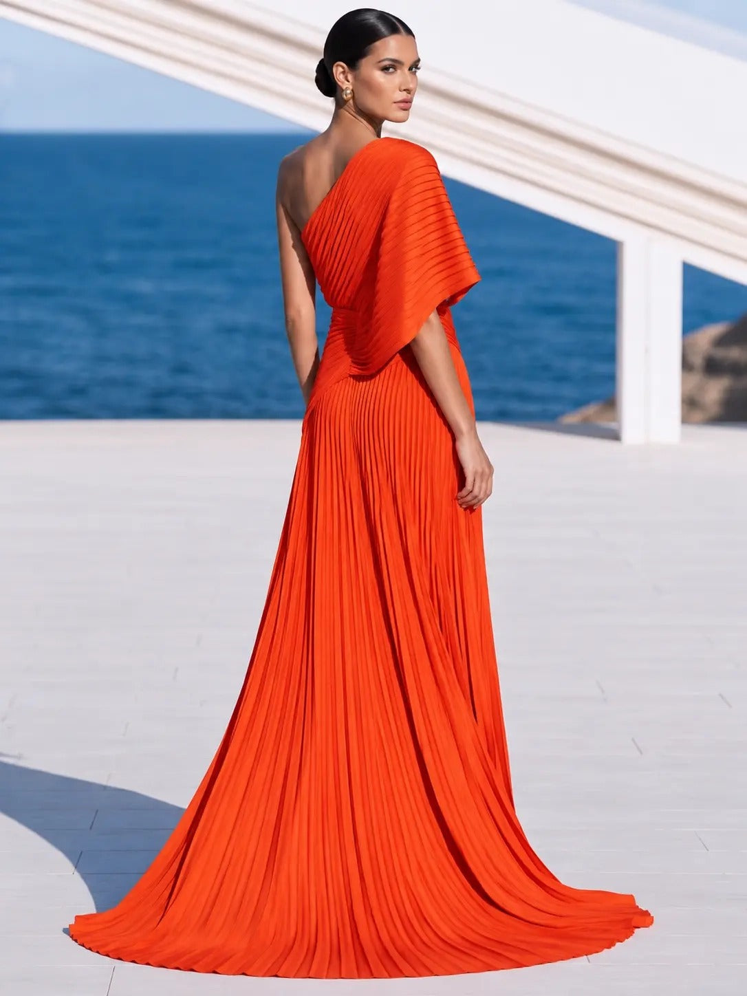 Vibrant Orange One-Shoulder Pleated Maxi Dress – Grecian Gown