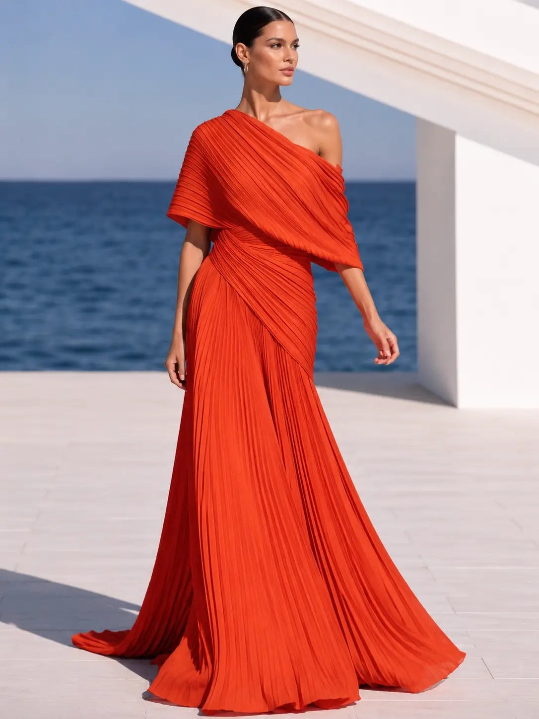 Vibrant Orange One-Shoulder Pleated Maxi Dress – Grecian Gown