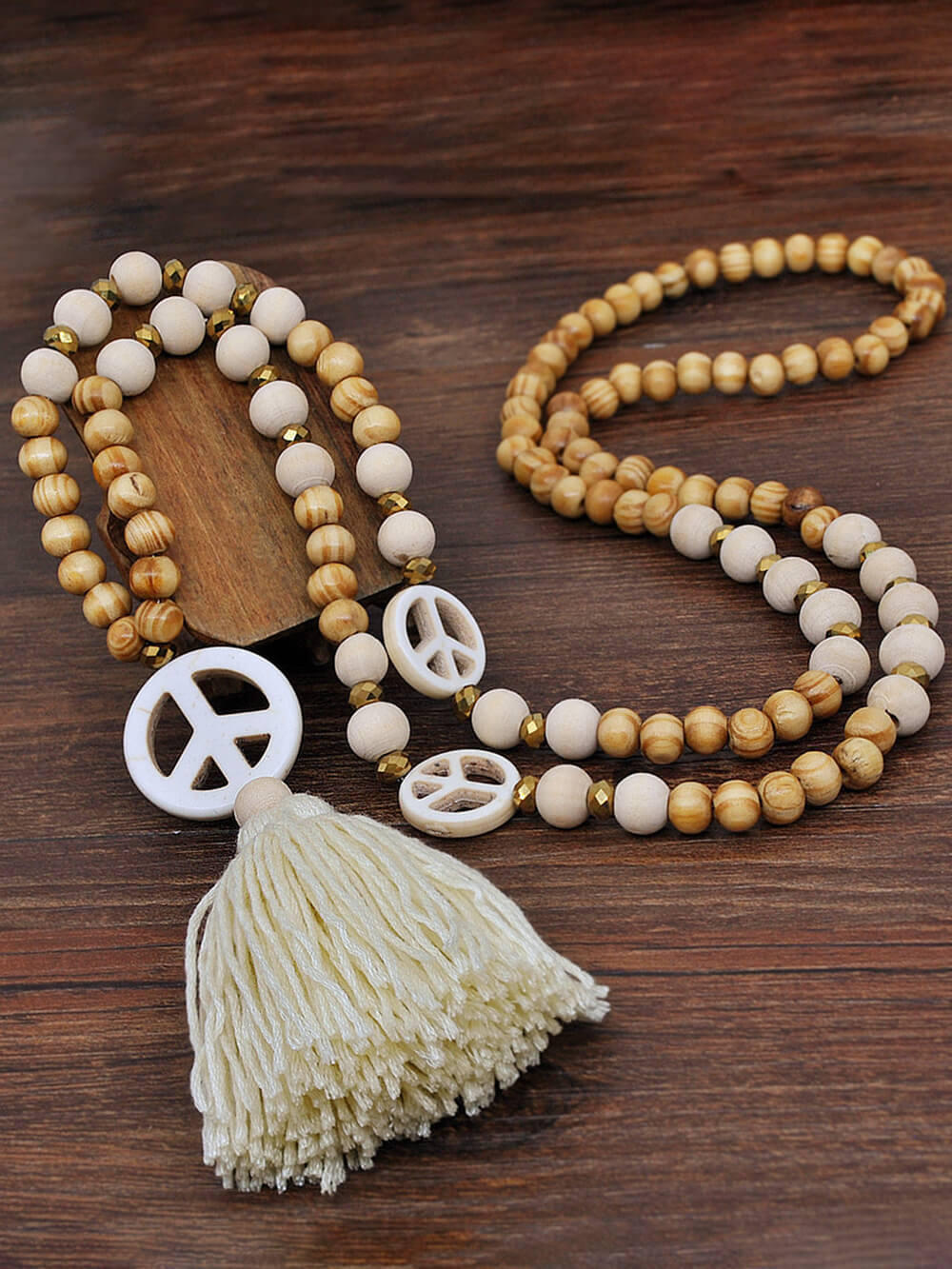 Wooden Beads Tassel and Peace Charm Pendant Long Necklace