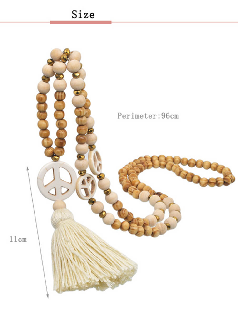 Wooden Beads Tassel and Peace Charm Pendant Long Necklace