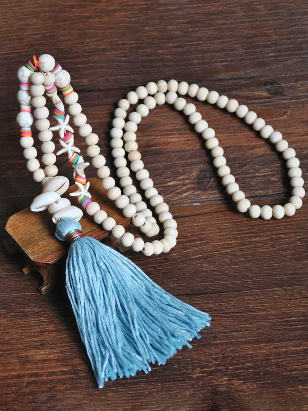 Wooden Beads Tassel and Peace Charm Pendant Long Necklace