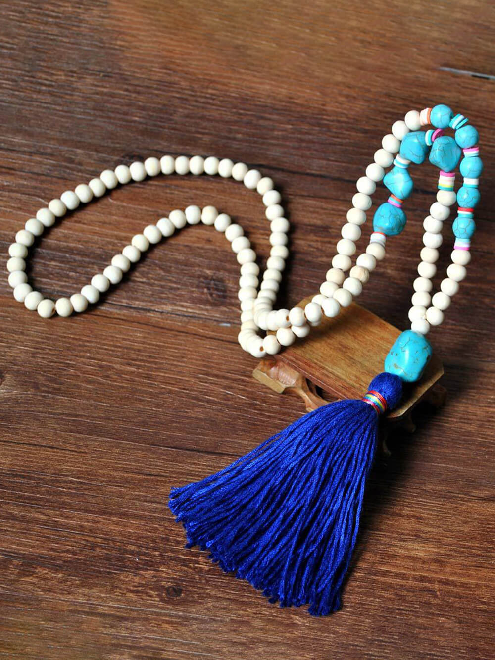 Wooden Beads Tassel and Peace Charm Pendant Long Necklace