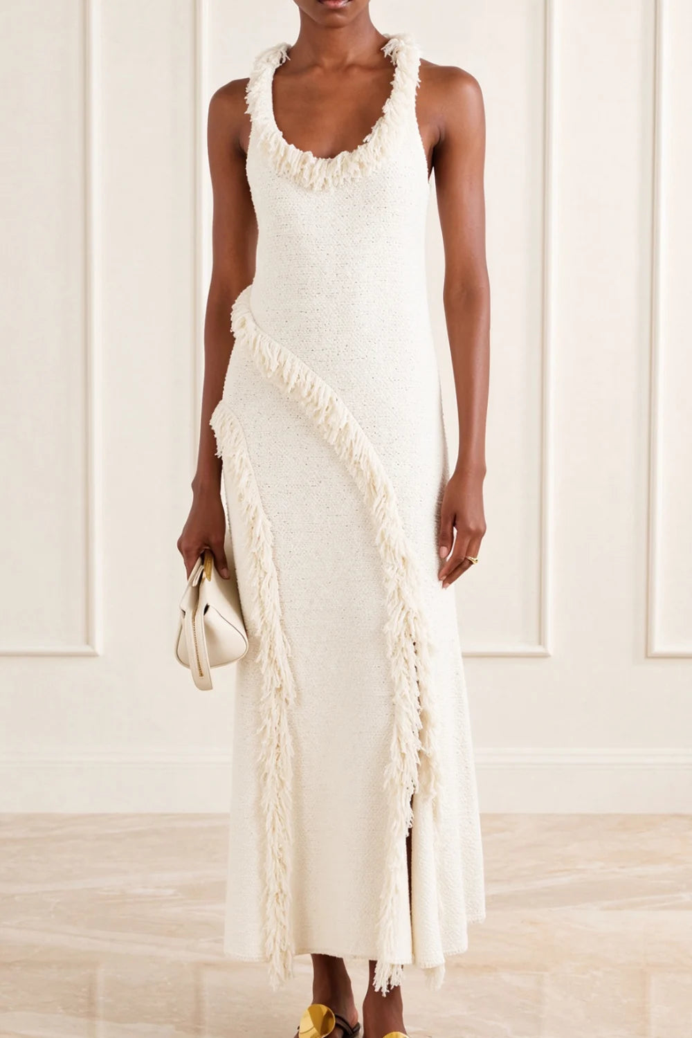 Tweed Knit Scoop Neck Sleeveless Fringe Trim Slit Maxi Dress