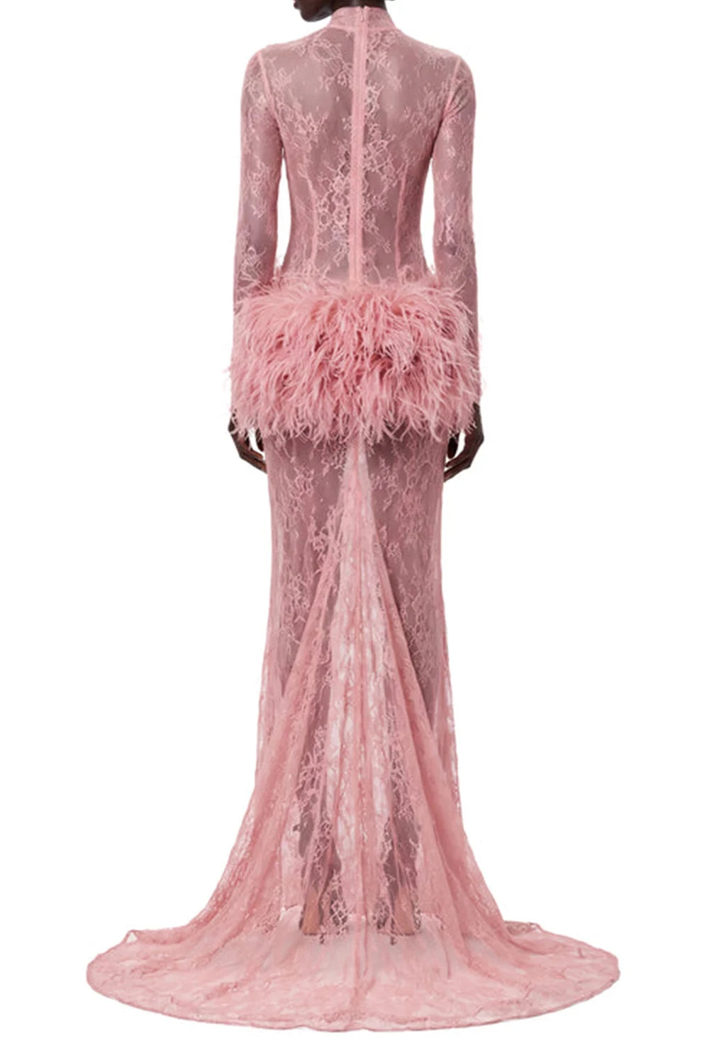 Lace Long Sleeve Feather Trim Maxi Evening Dress