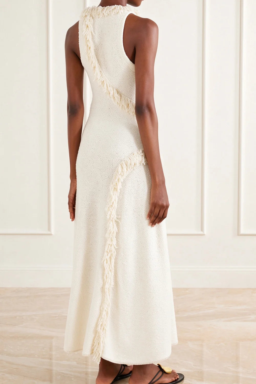 Tweed Knit Scoop Neck Sleeveless Fringe Trim Slit Maxi Dress