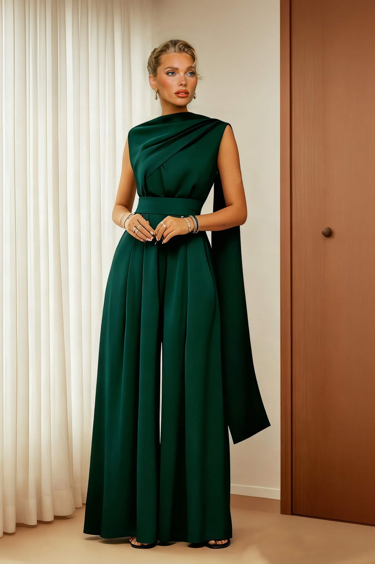 Exquisite Green Draped Pleated Loose Wide-Leg Jumpsuit