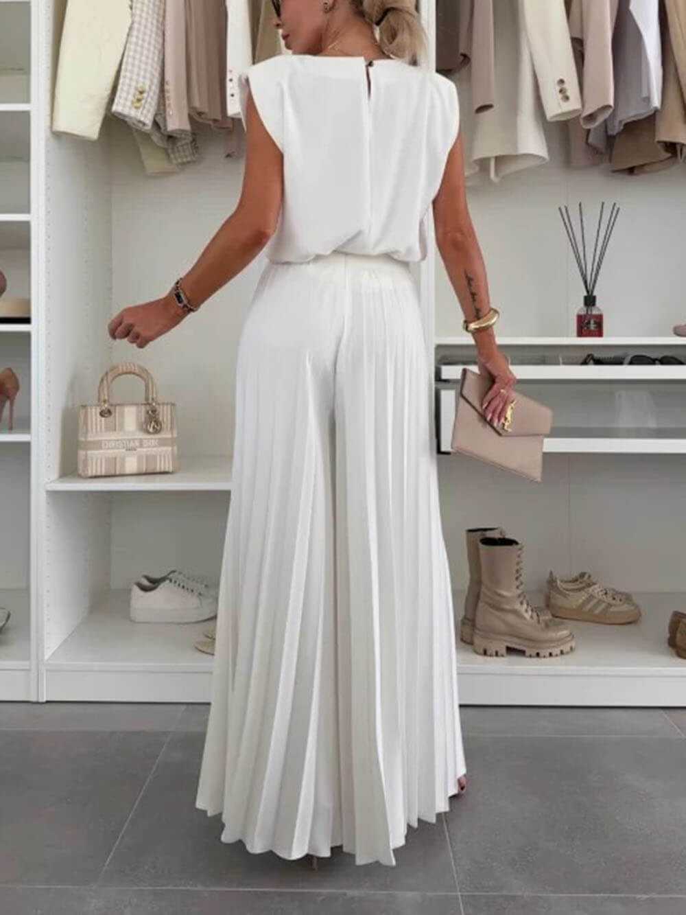 Fashionable Elastic Waist Pleated Wide-Leg Pants