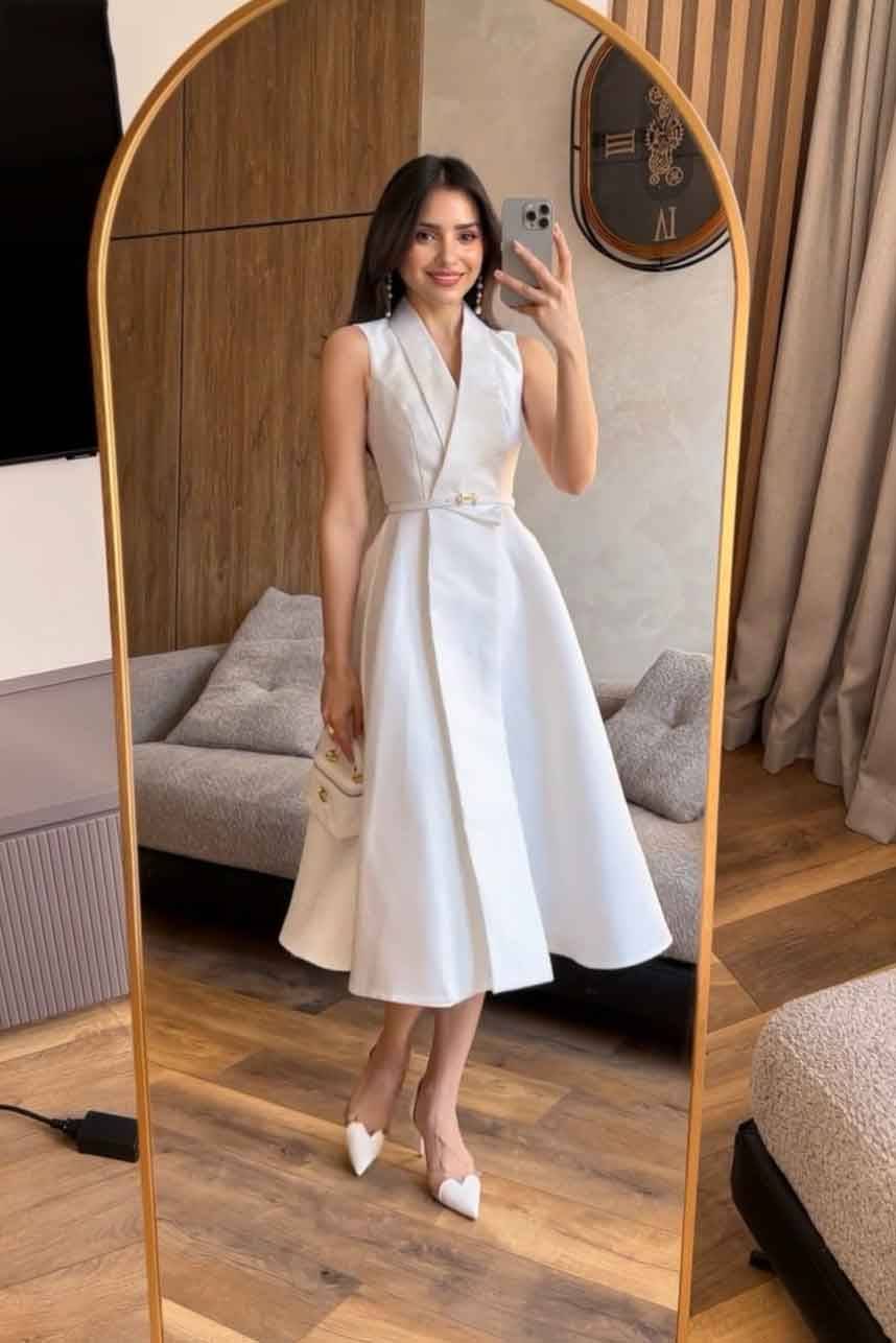 V-Neck High-waisted A- Line Midi Dress