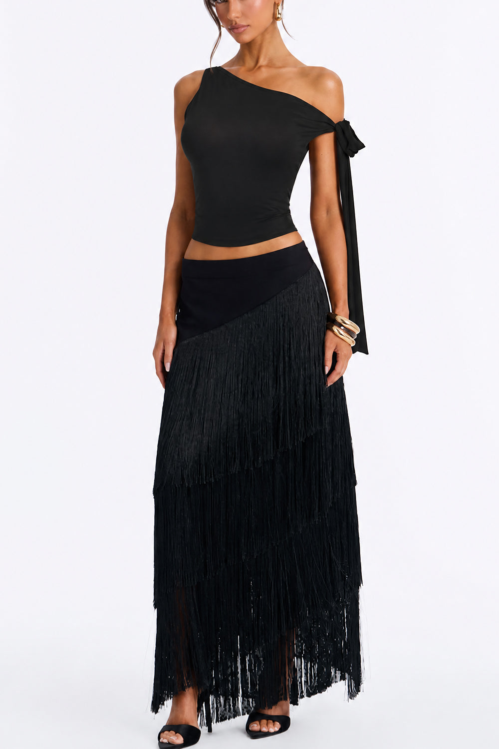 One Shoulder Tie Crop Top Fringe Maxi Skirt Two Piece Set