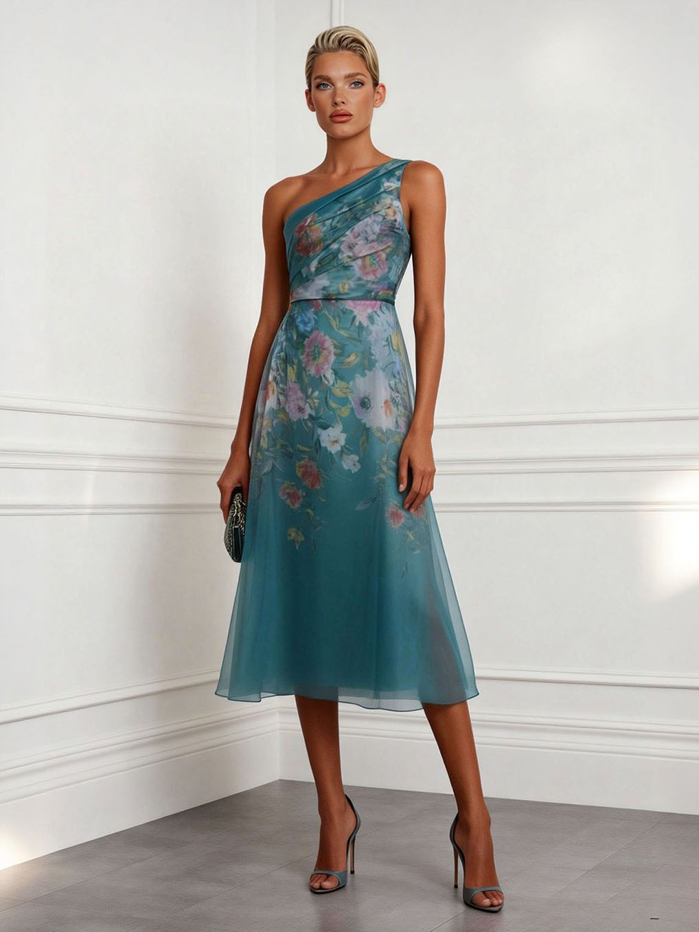 Elegant Floral Print One-Shoulder Tulle Midi Dress