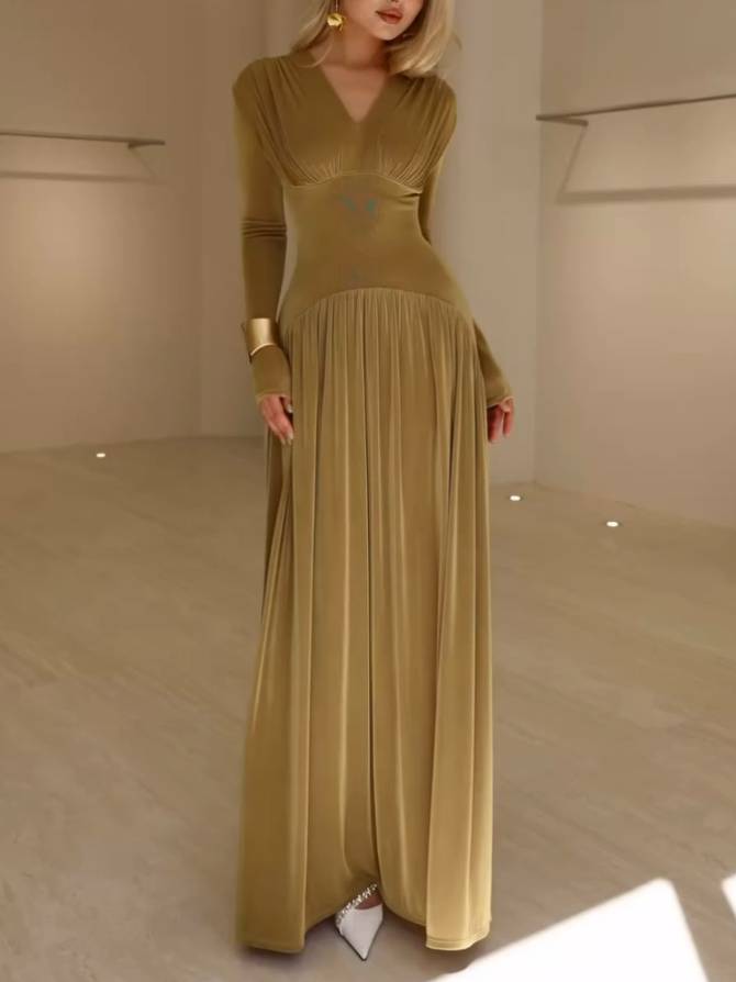 V-Neck Velvet Pleated Maxi Dress