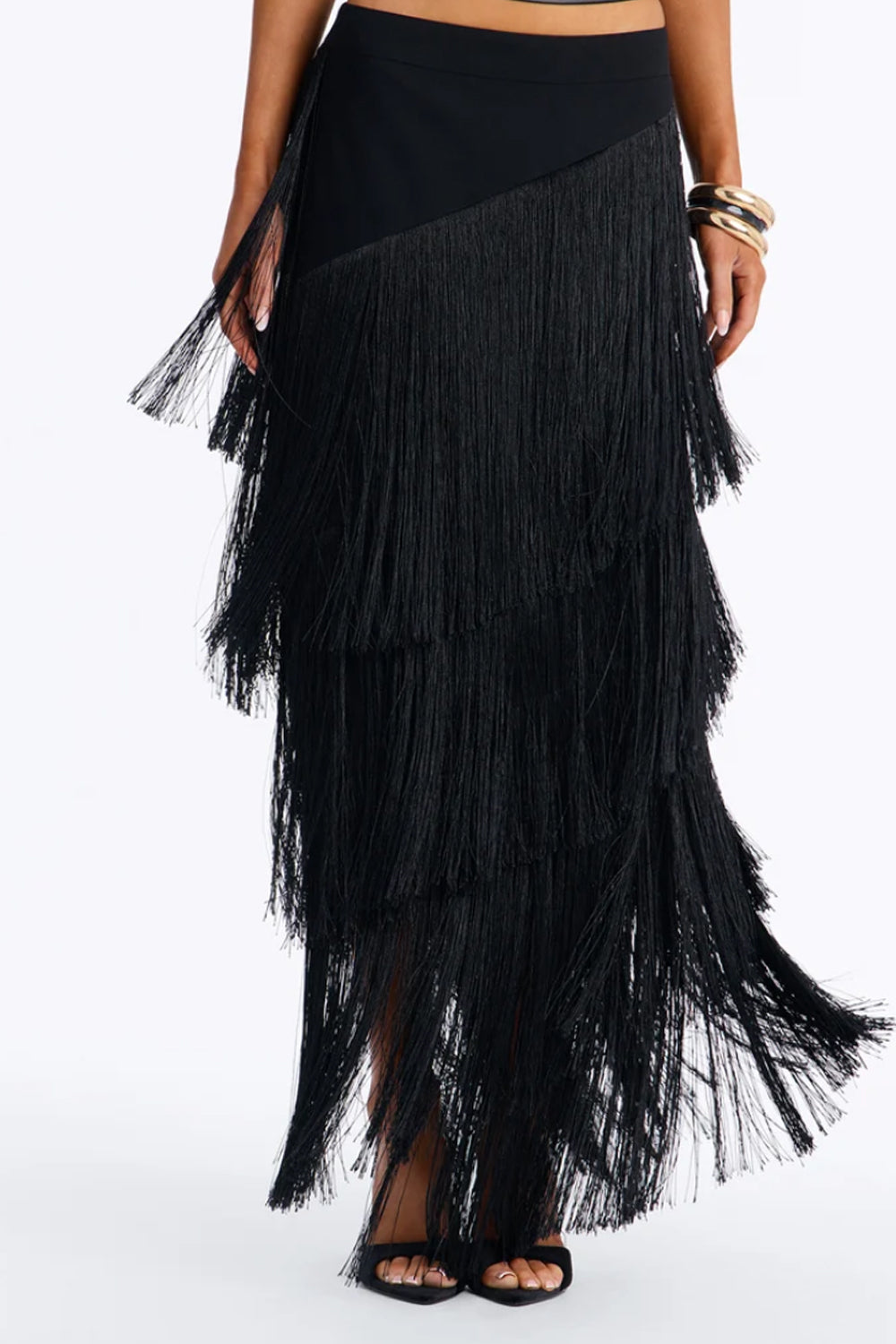 One Shoulder Tie Crop Top Fringe Maxi Skirt Two Piece Set