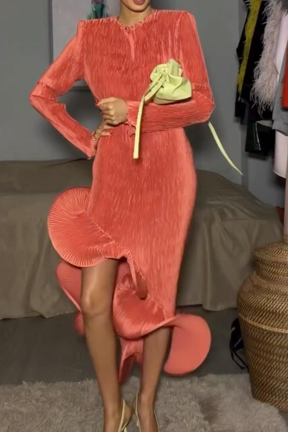 Long Sleeve Pleated High Low Dress with Sculptural Ruffle Hem