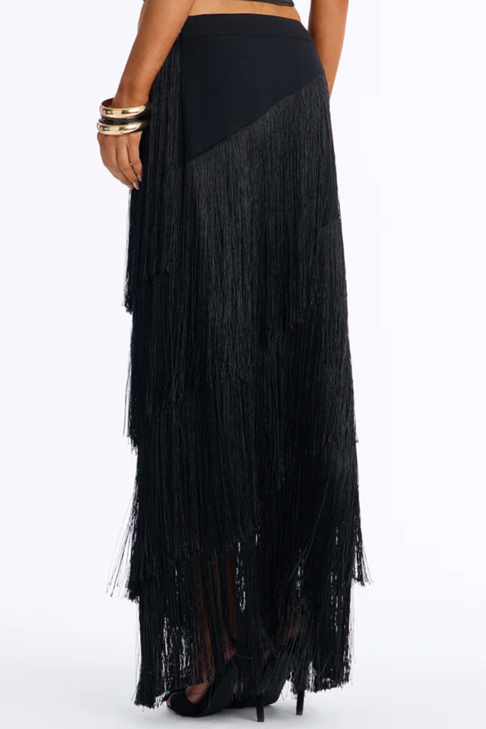 One Shoulder Tie Crop Top Fringe Maxi Skirt Two Piece Set