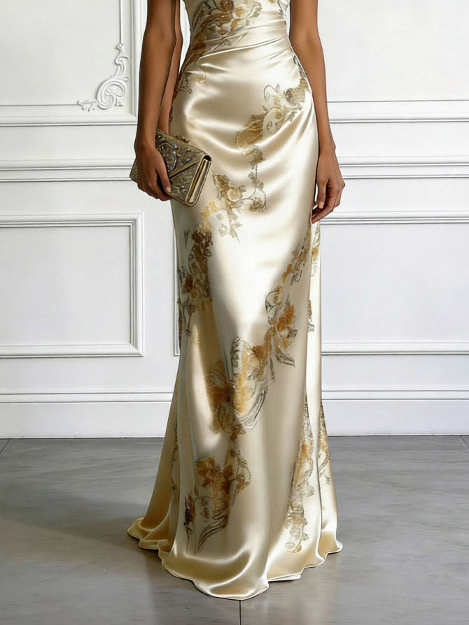 Elegant One-shoulder Floral Satin Maxi Dress