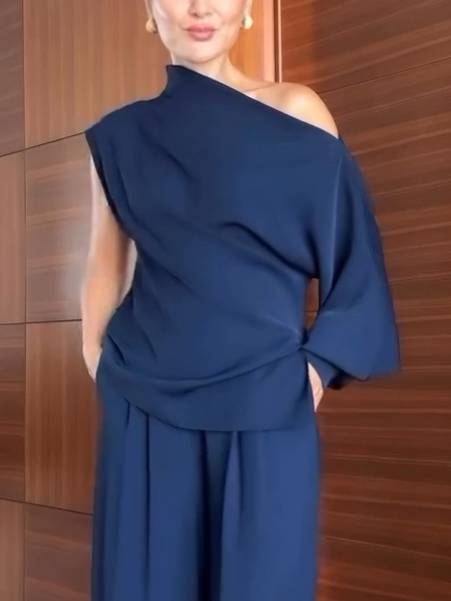 Off-shoulder Single-sleeve Shirt And Wide Leg Pants Suit