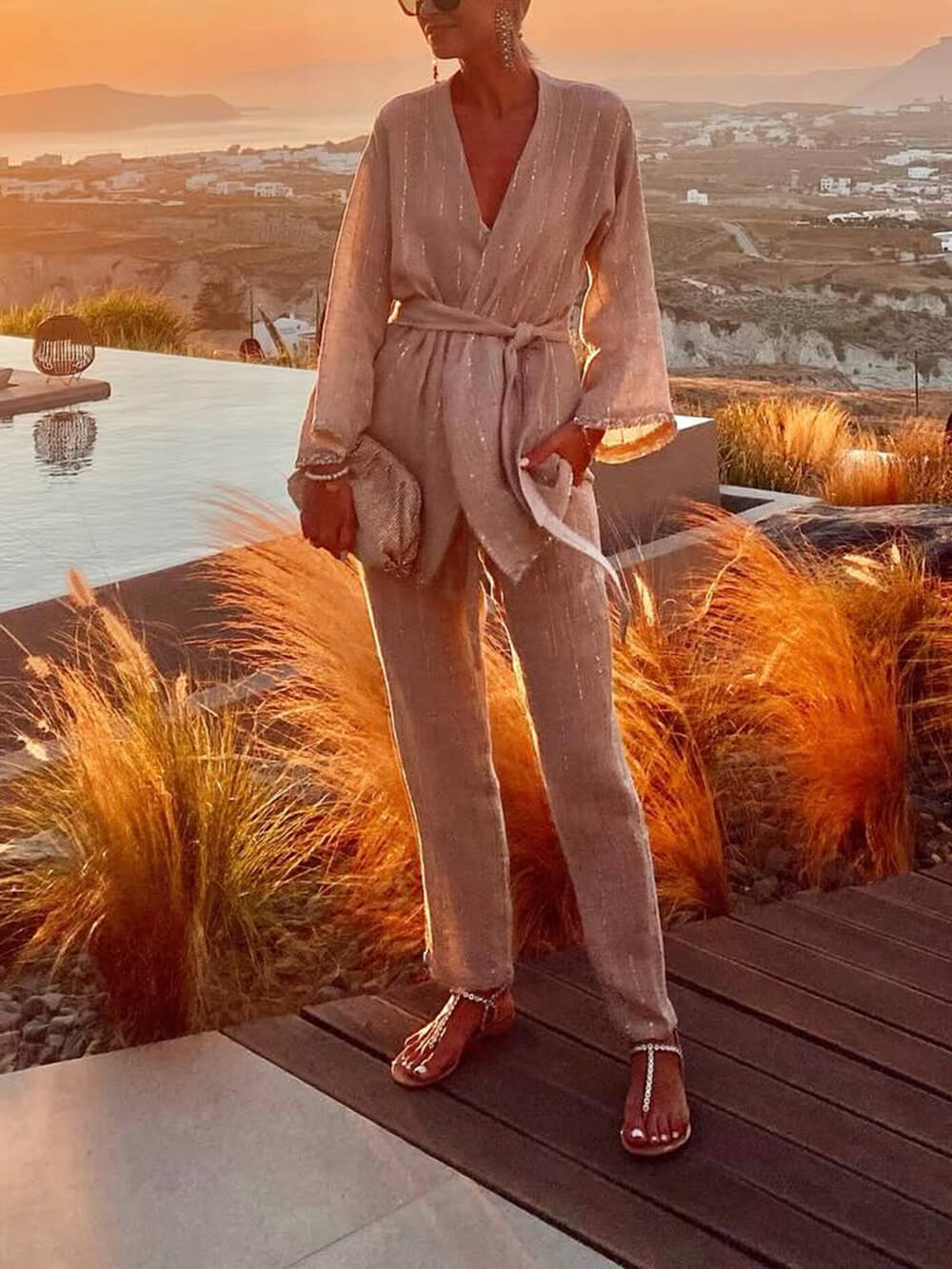 Santorini Sunset Sequin Stripe Cardigan Belted Loose Top
