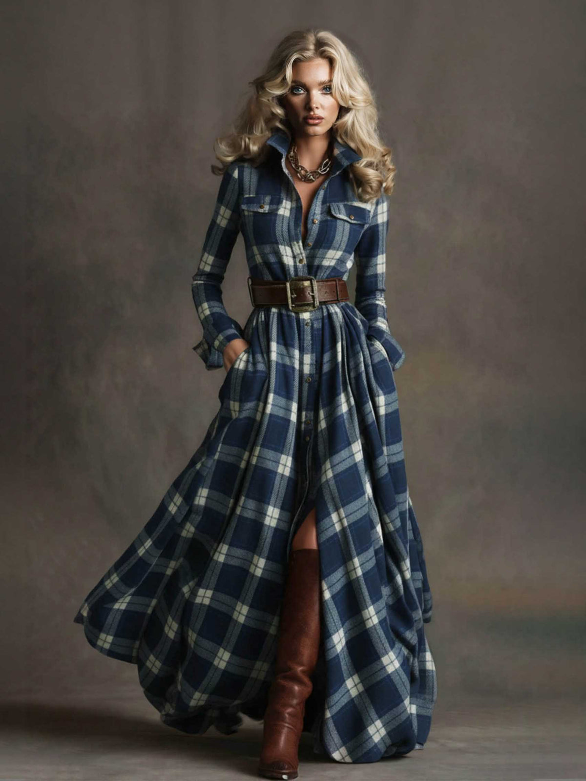 Retro Ethnic Style Plaid Maxi Dress