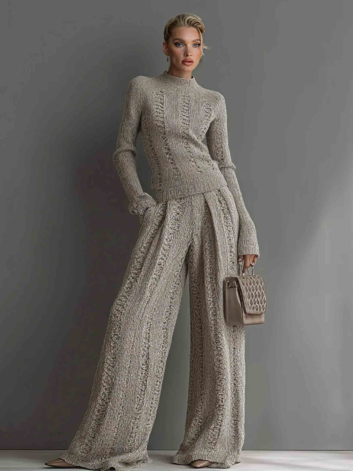 Casual turtleneck sweater and wide-leg pants suit