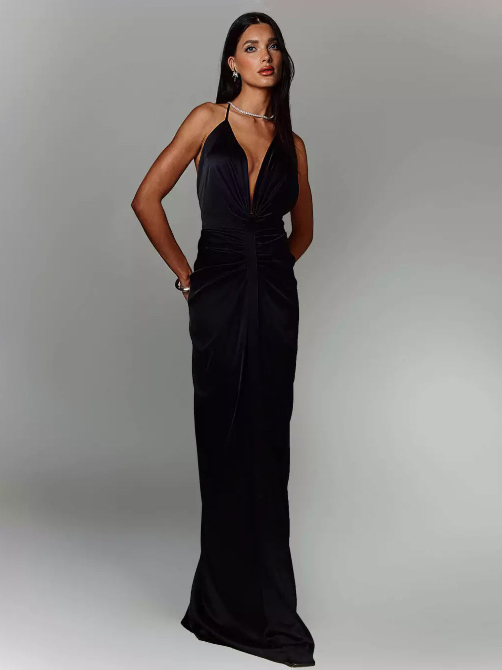Elegant Grecian-Style Halter Deep V Maxi Dress
