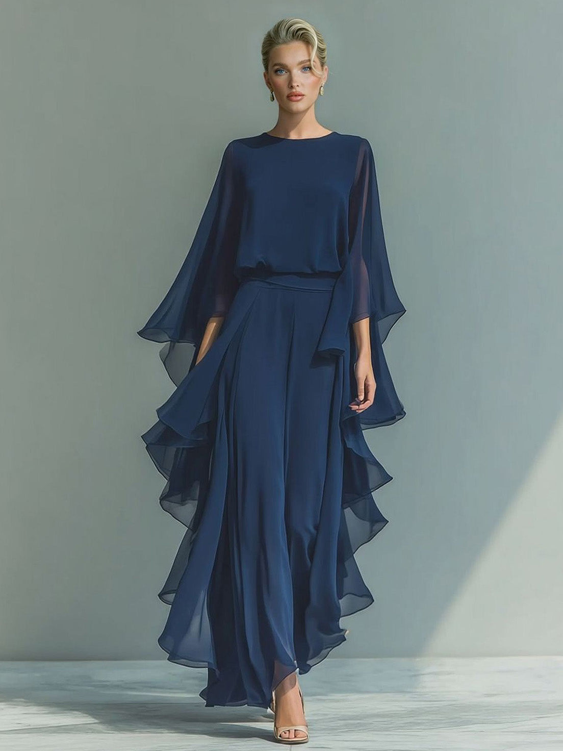 Chiffon Bell-Sleeve Top & Straight-Leg Pants Two-Piece Set
