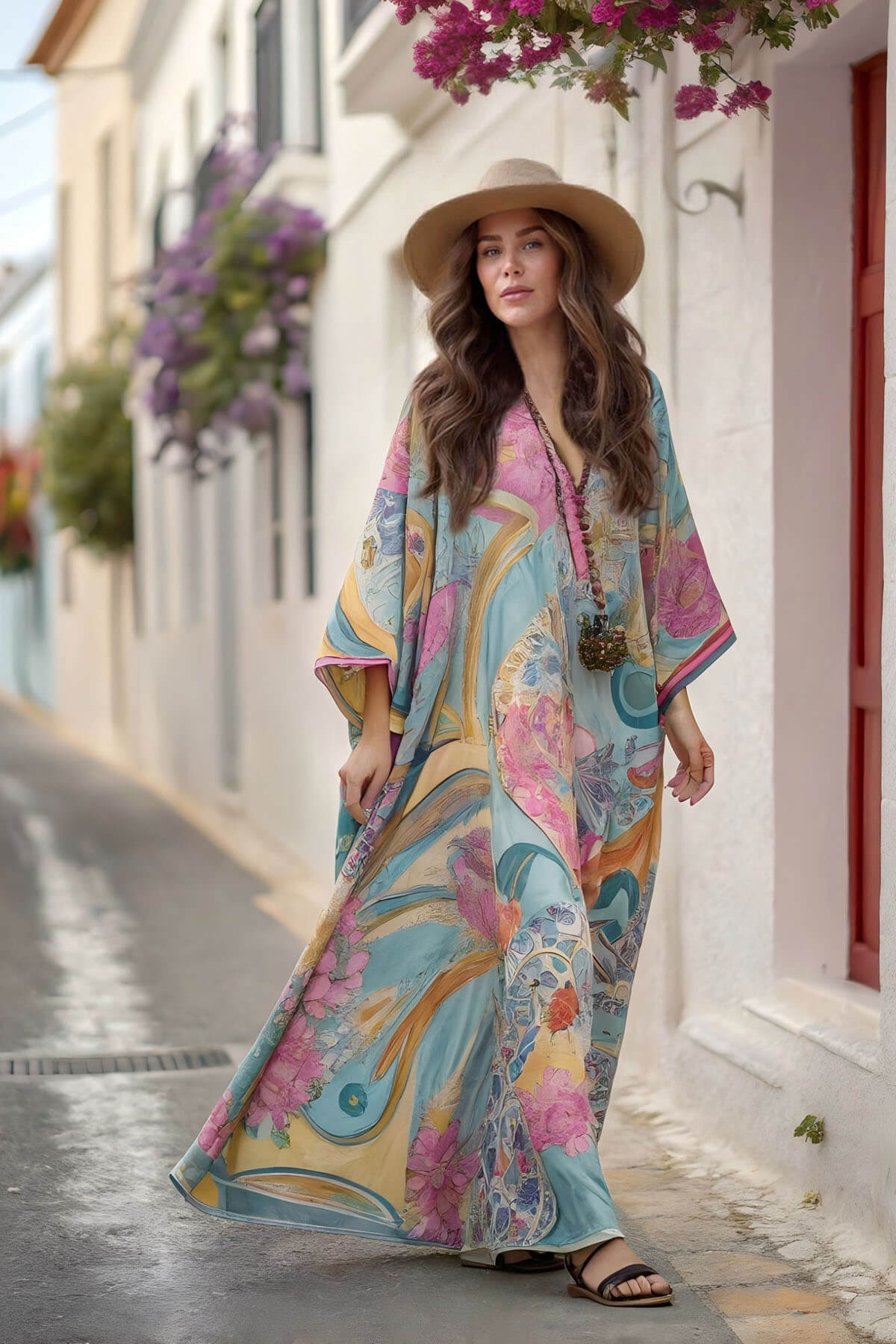 Bohemian Print Drop-Shoulder Loose Maxi Dress