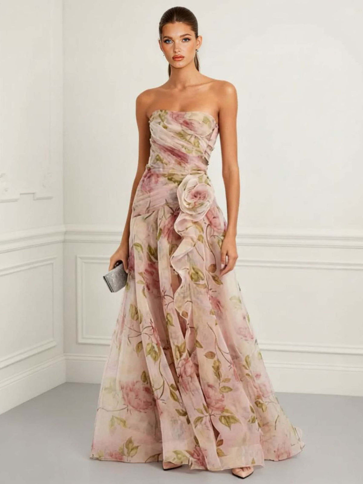 Elegant Strapless Floral Print Chiffon Maxi Dress