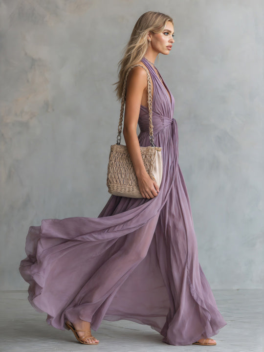 Elegant Ruched Halter Neck Flowing Maxi Dress