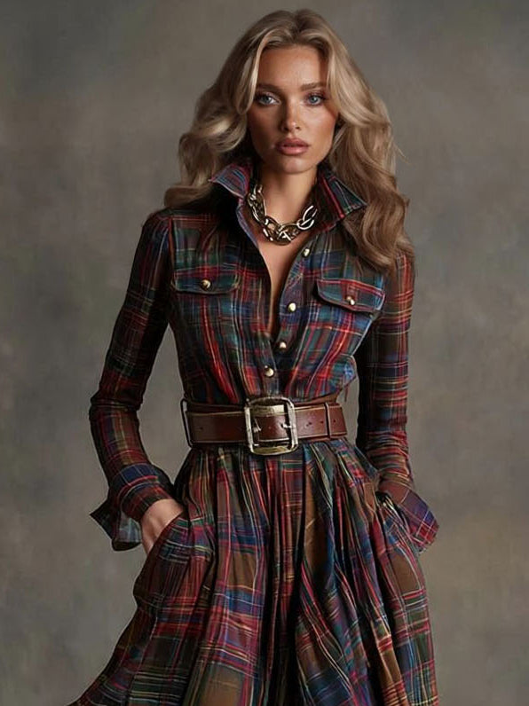 Retro Lapel Plaid Single-Breasted Maxi Dress