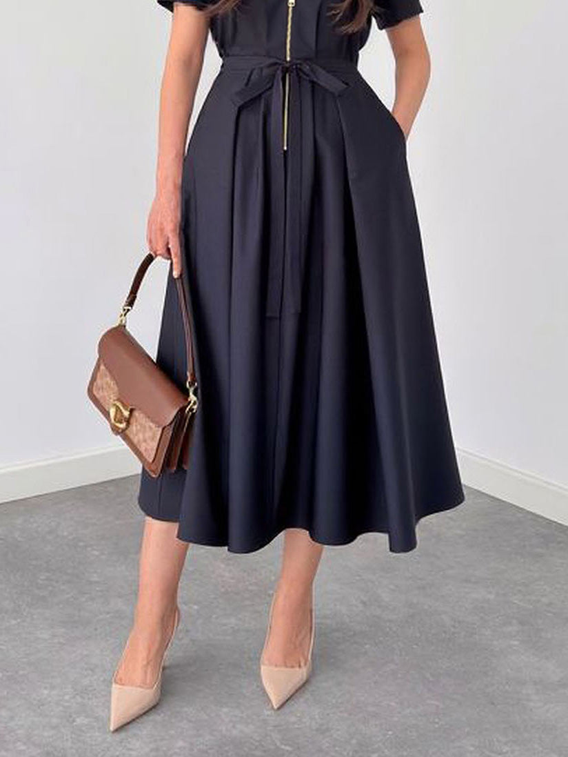 Elegant Tie-Waist Short Sleeve Midi Dress