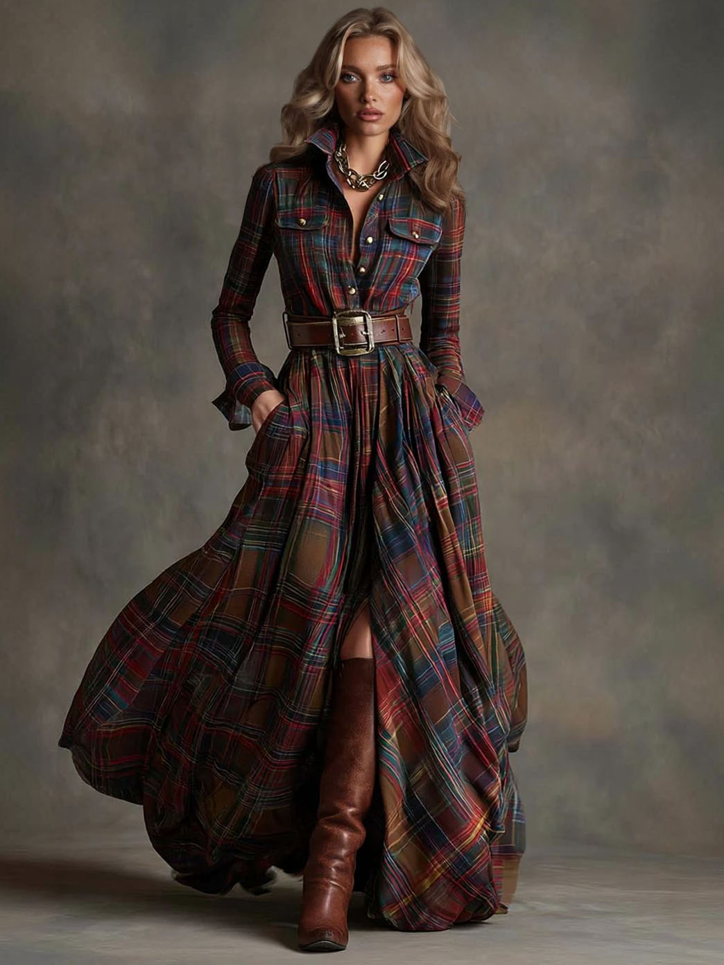Retro Lapel Plaid Single-Breasted Maxi Dress