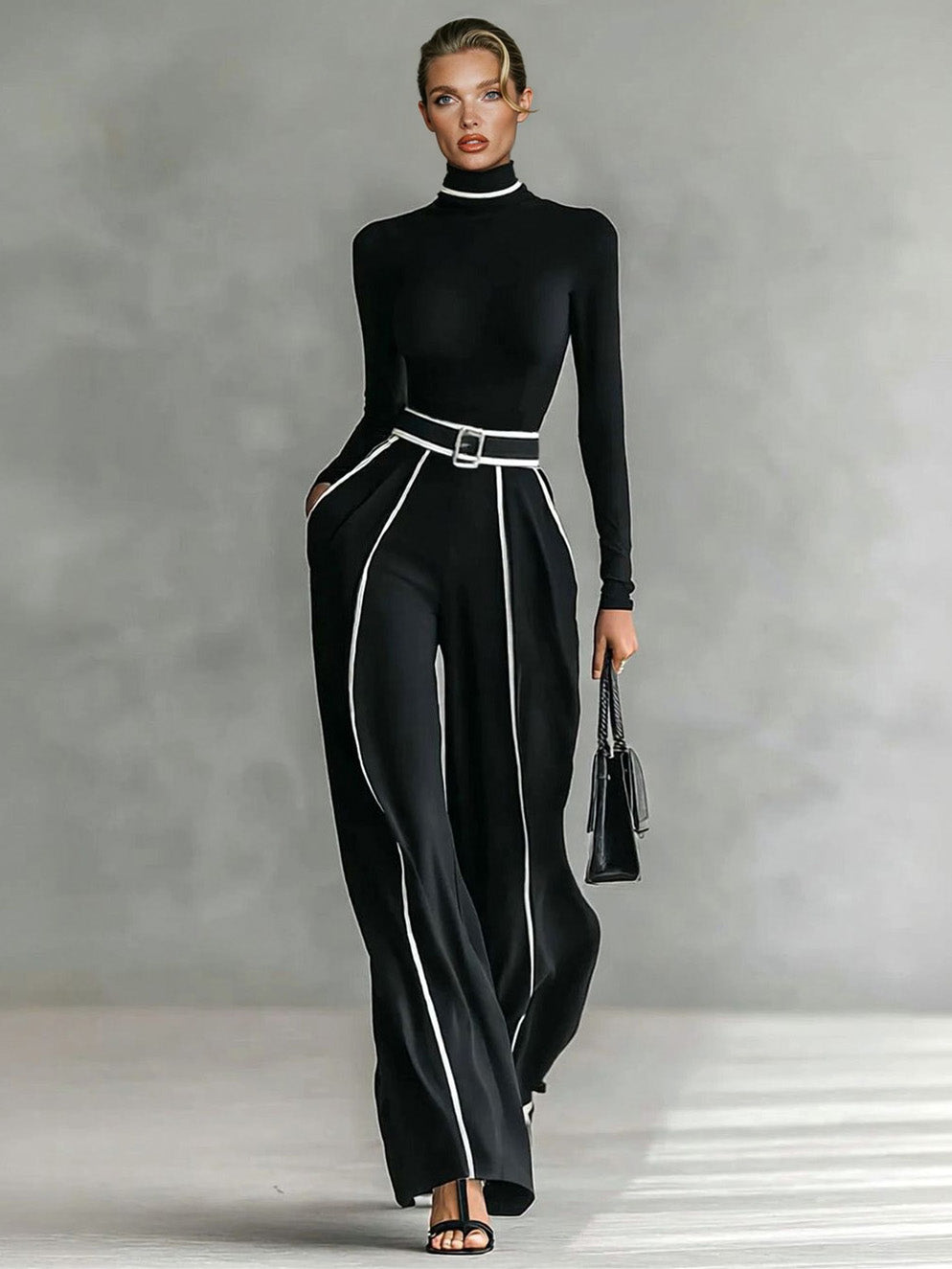 Elegant High Neck Slim Fit Long Sleeve Top Two-Piece Set