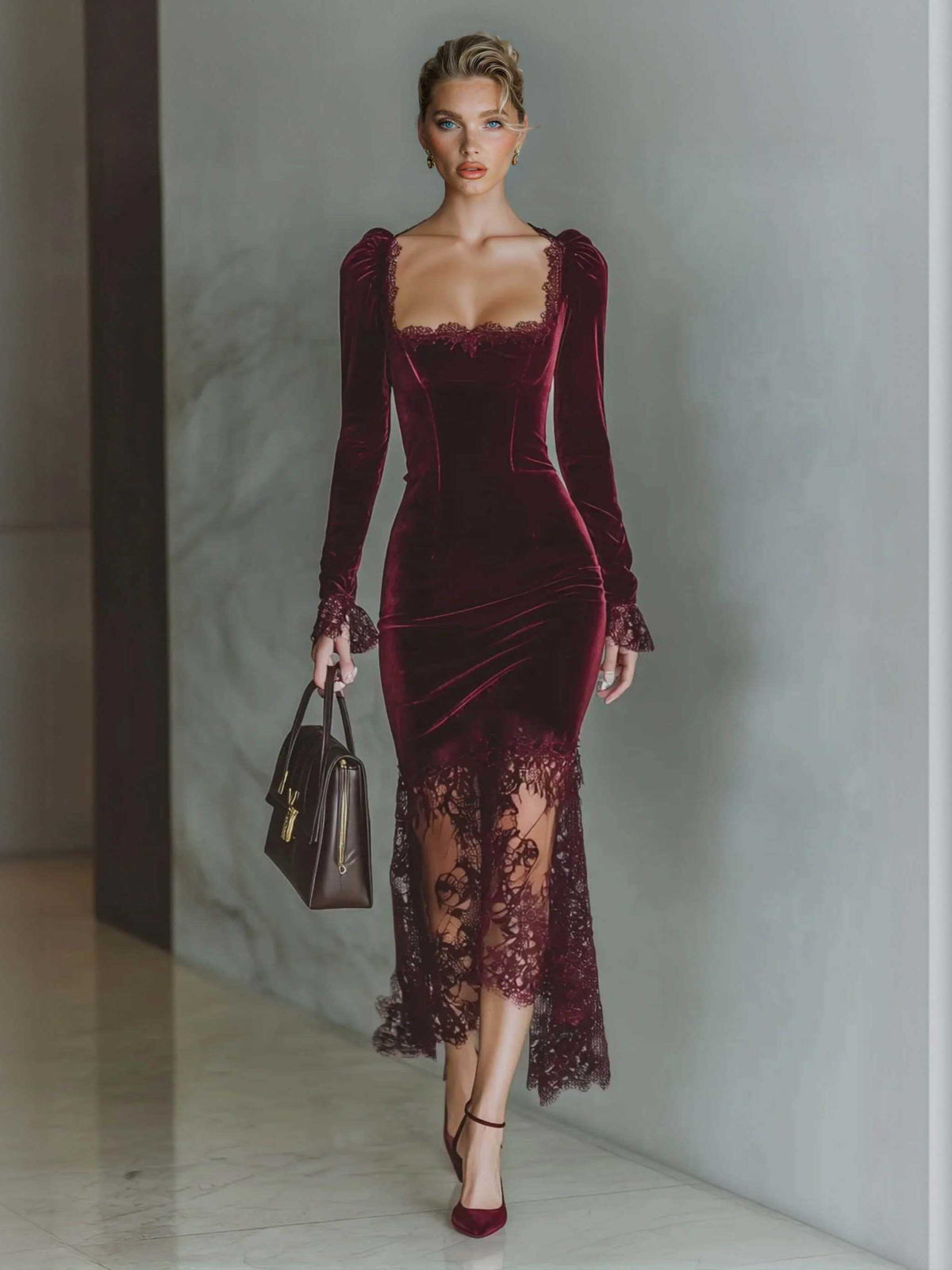 Elegant High-neck Velvet Lace Maxi Dress