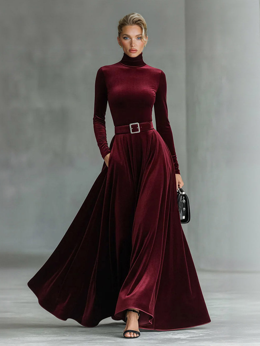 Elegant High-neck Velvet Long-sleeved Maxi Dress