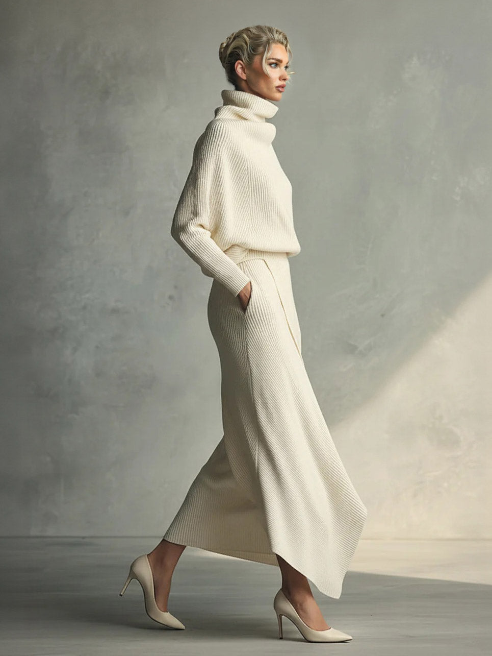 Casual Turtleneck Sweater And Asymmetrical Skirt Set