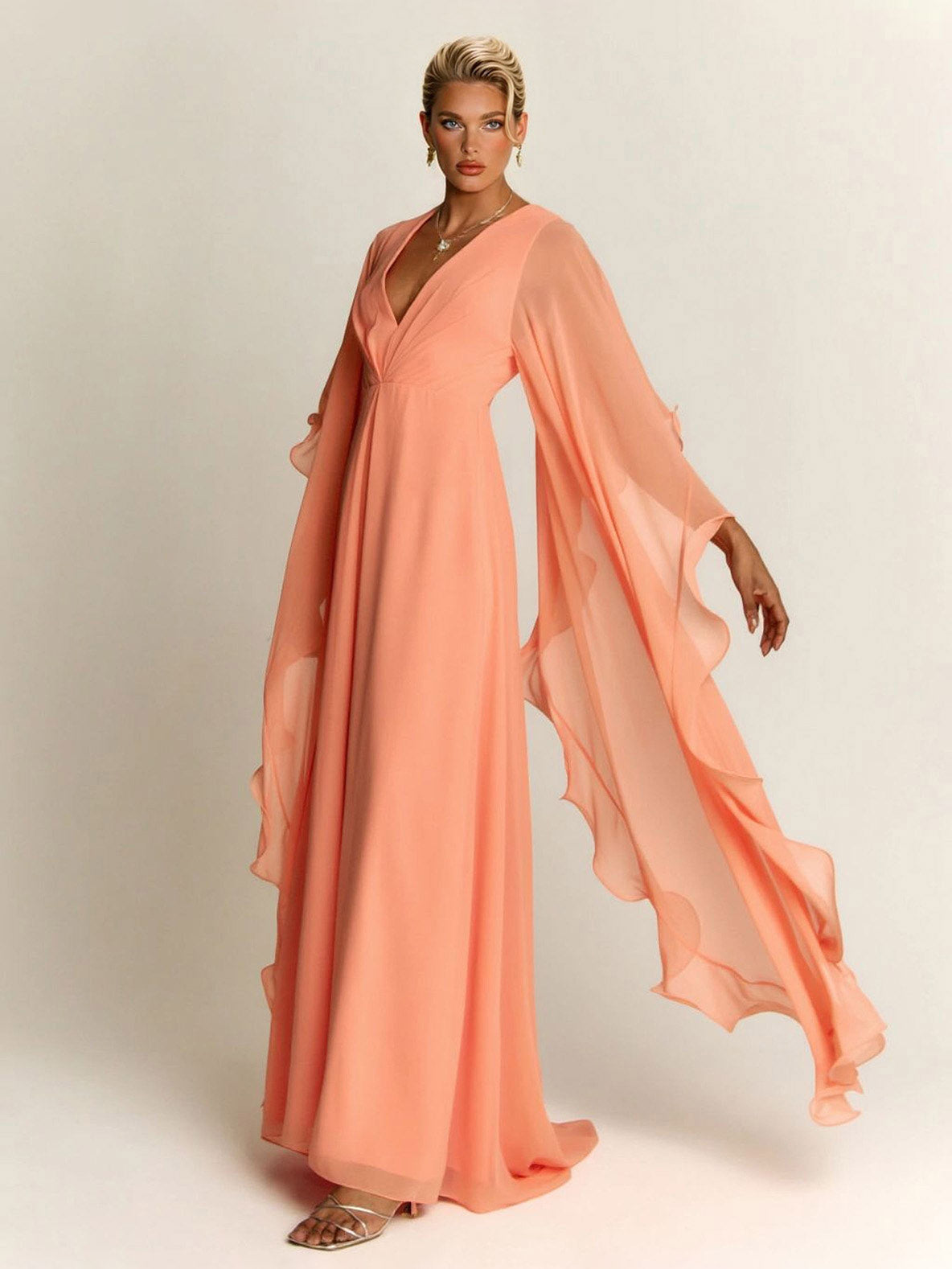 فستان ماكسي أنيق من الشيفون بأكمام منسدلة