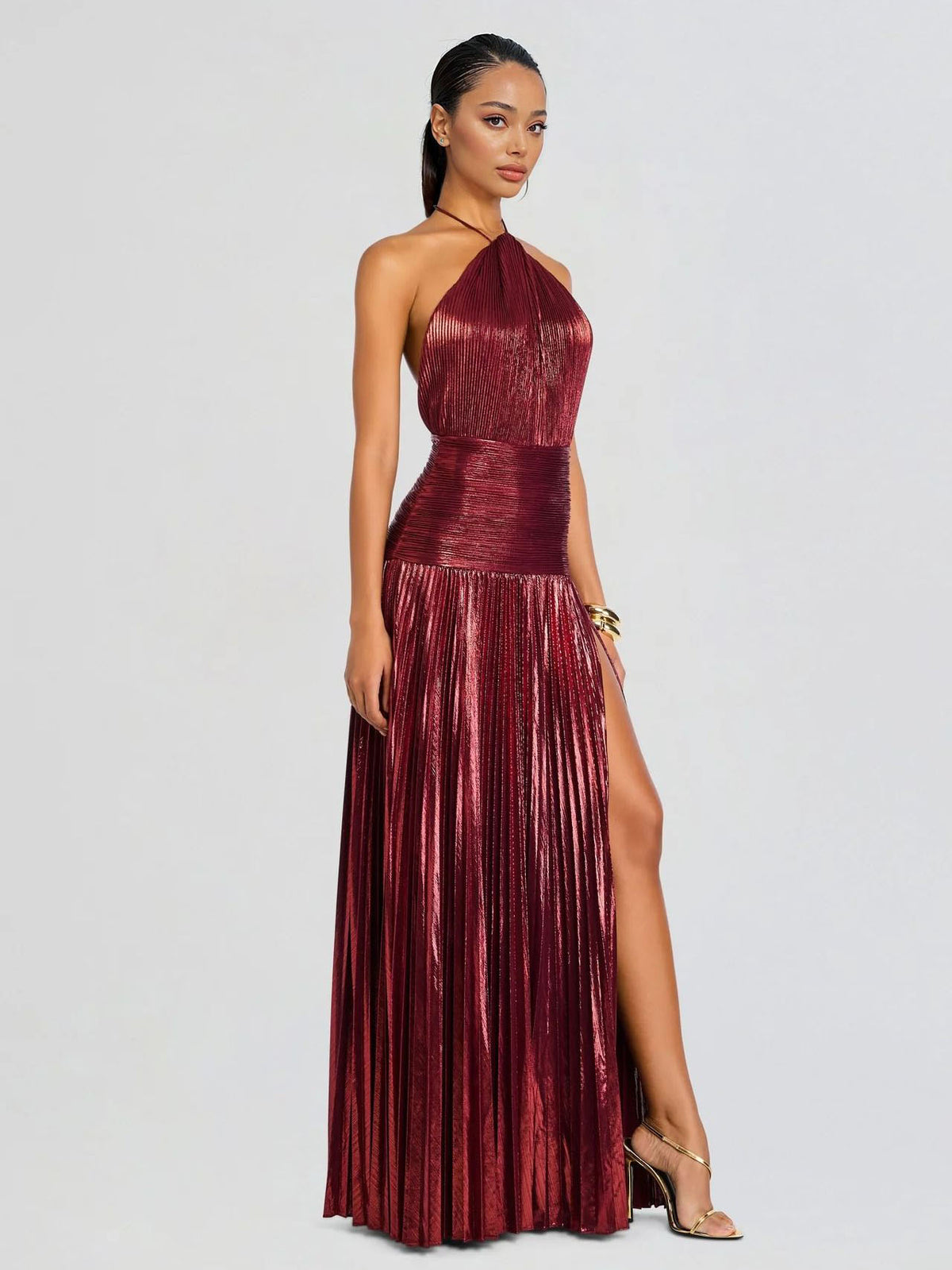 Elegant Metallic Pleated Halter Neck Maxi Dress