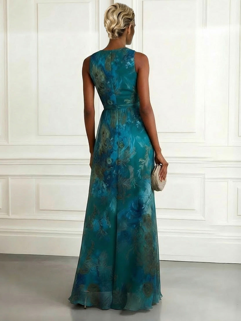 Elegant Floral Print V-Neck Sleeveless Chiffon Maxi Dress