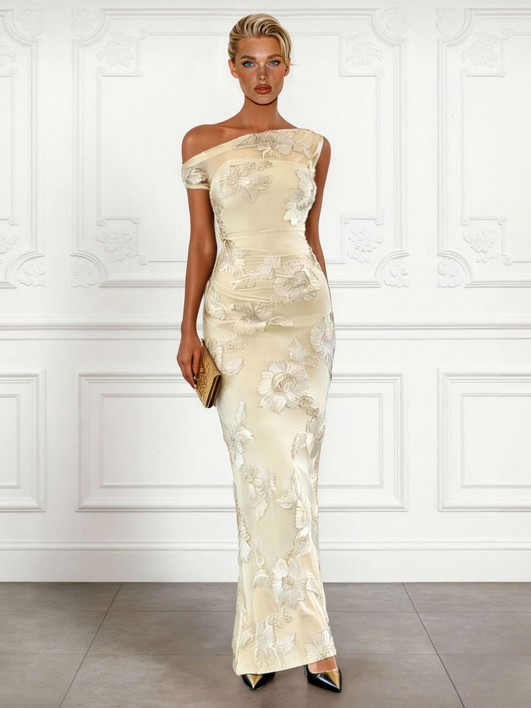 Elegant Floral Embroidered Mesh One-Shoulder Maxi Dress