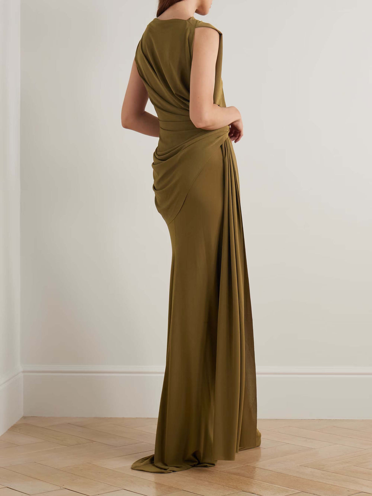 Elegant Draped Crinkled Stretch-knit Maxi Dress