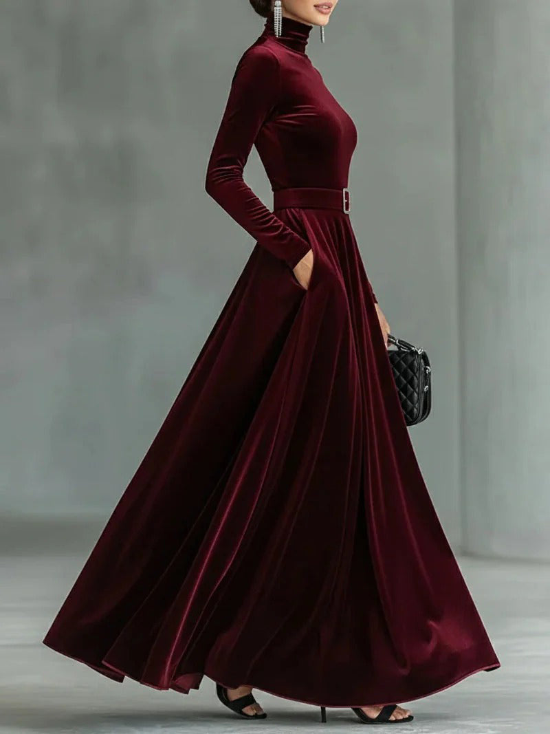 Elegant High-neck Velvet Long-sleeved Maxi Dress