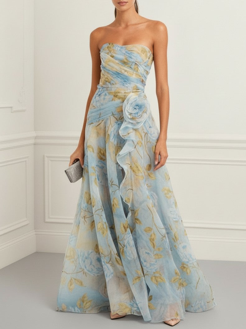 Elegant Strapless Floral Print Chiffon Maxi Dress