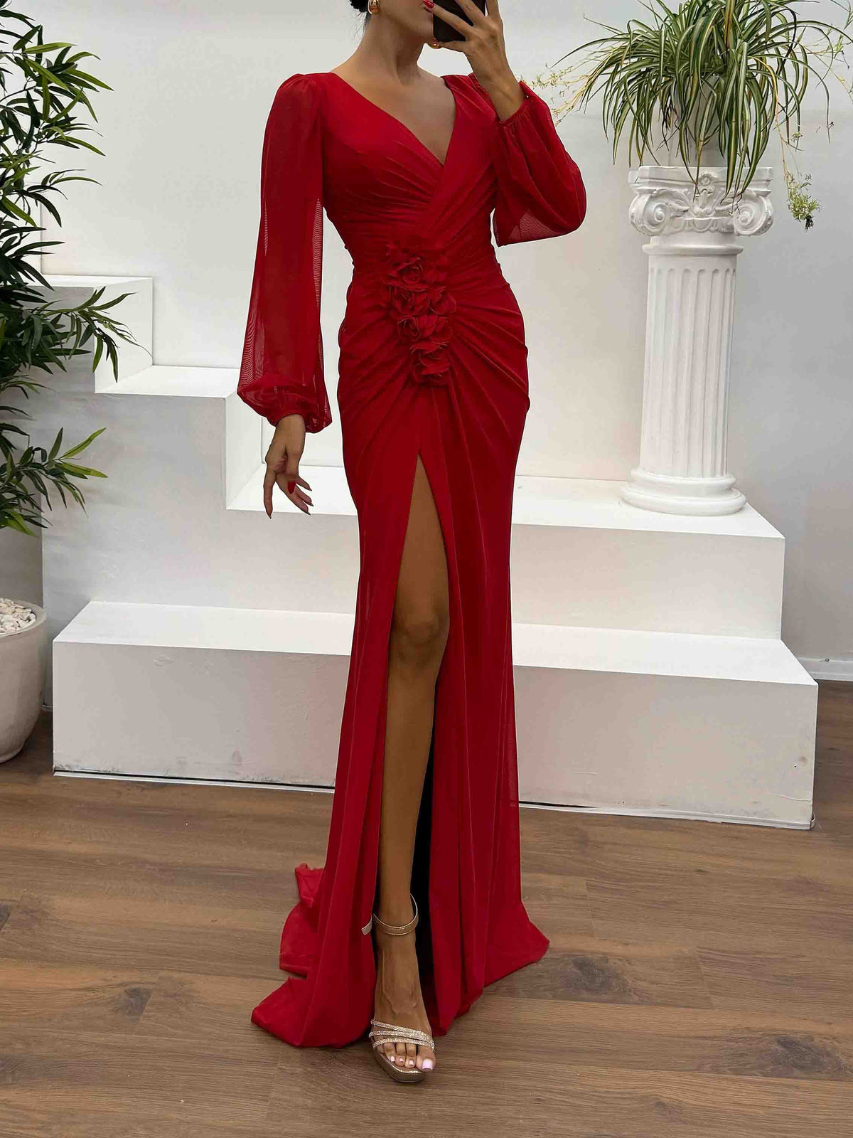 Elegant V-Neck Ruched Floral Slit Maxi Dress