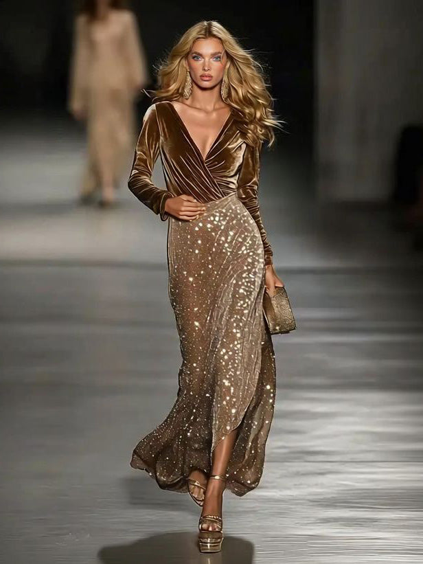 Elegant Long-Sleeved Velvet Jumpsuit And Skirt Two-Piece Set