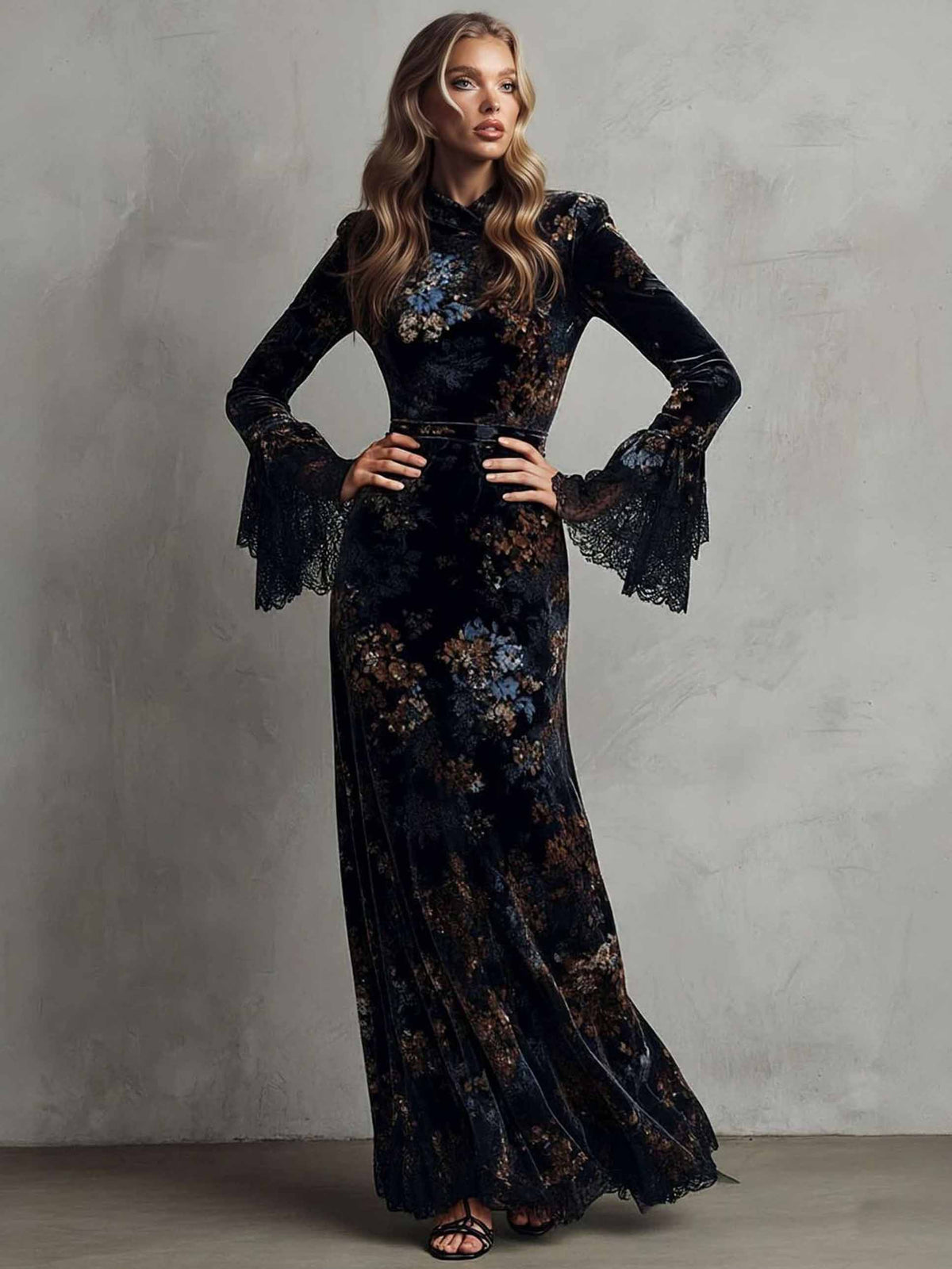 Exquisite Velvet Floral Print Pleated Maxi Dress