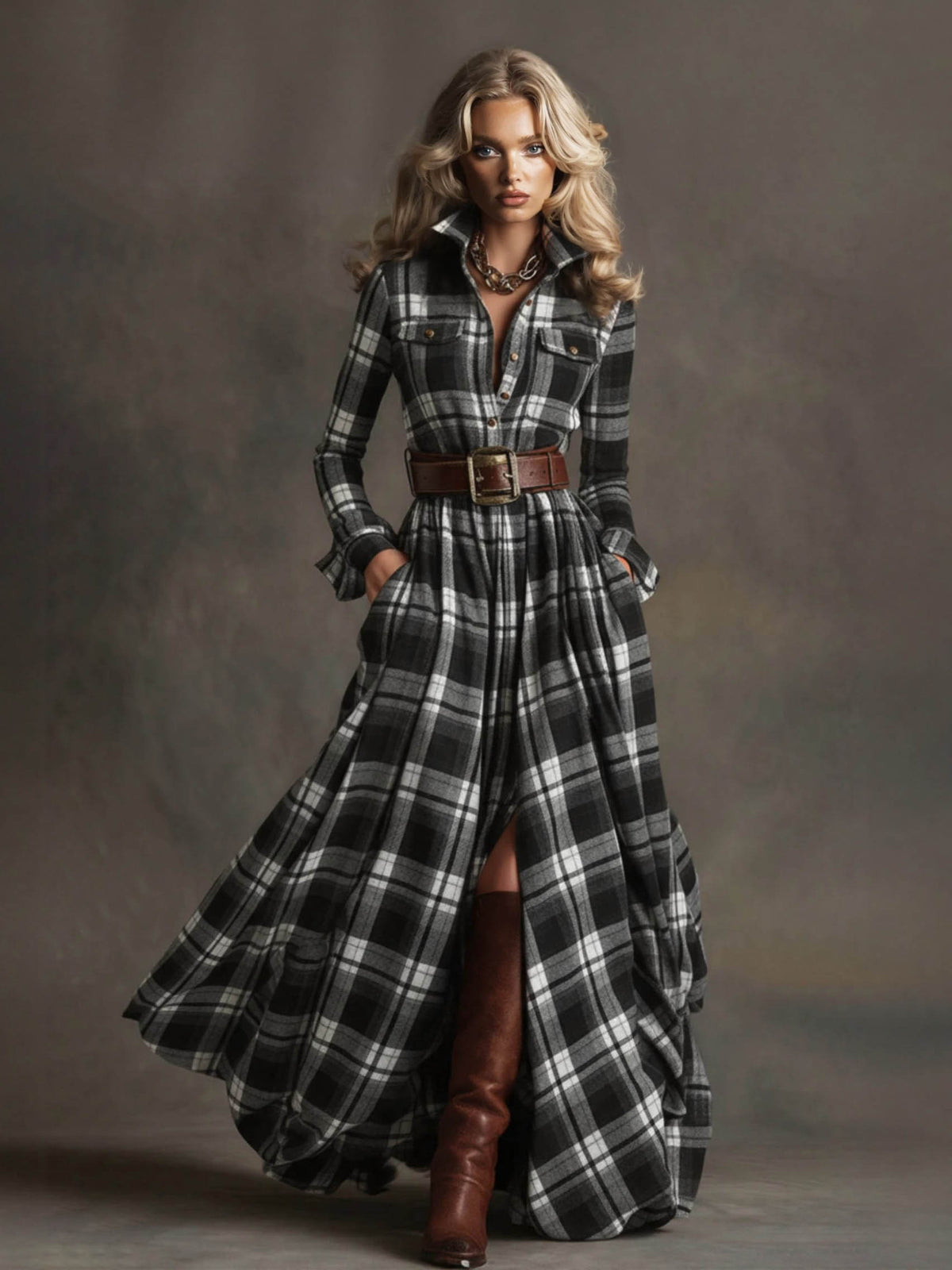 Retro Ethnic Style Plaid Maxi Dress