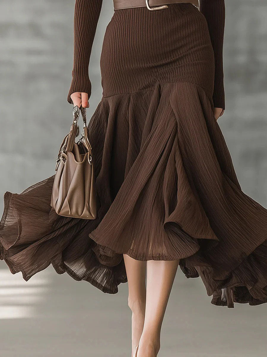 Casual V-neck Irregular Ruffle Midi Dress