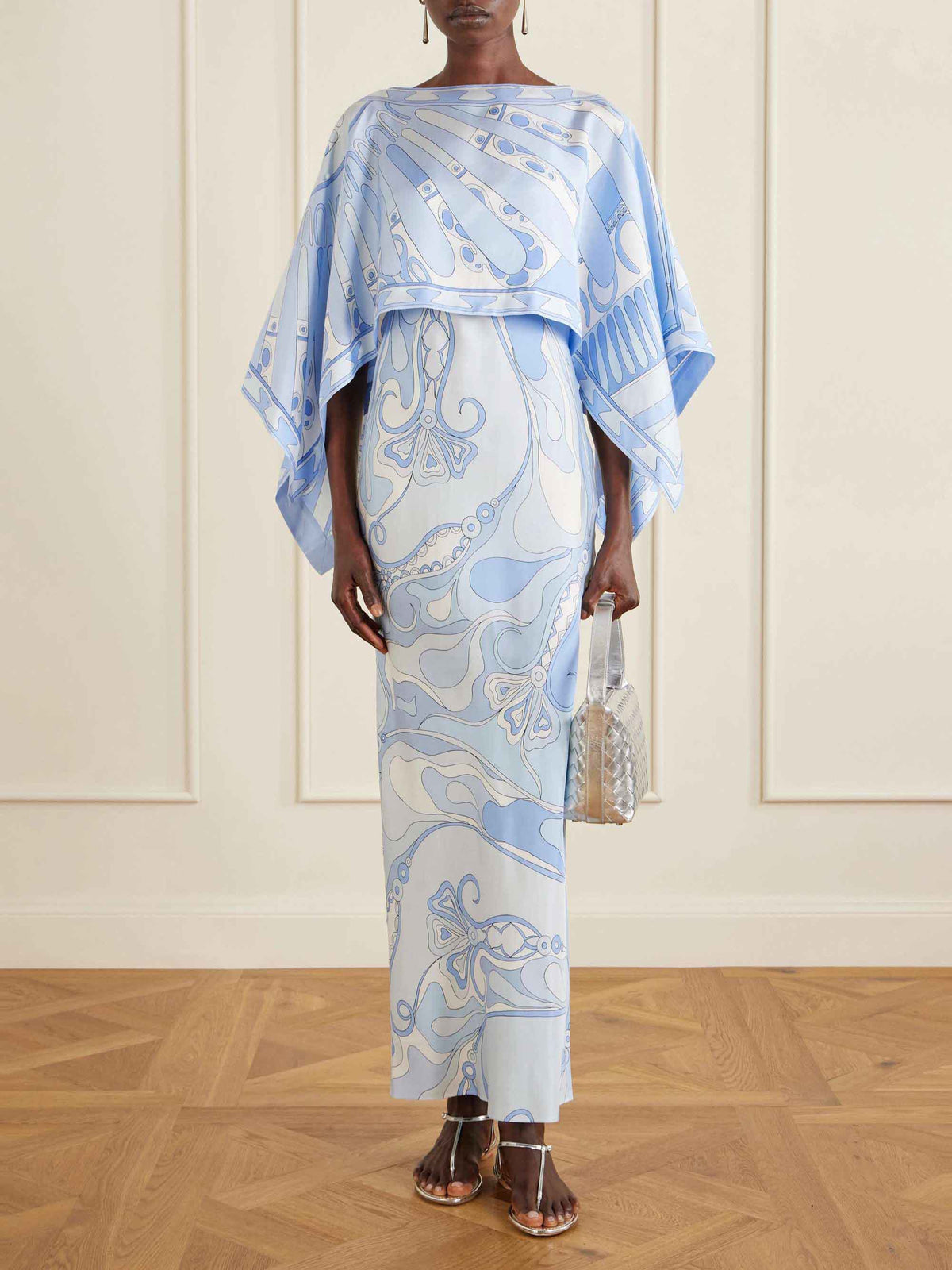 Elegant Abstract Print Cape Sleeve Satin Two-Piece Set