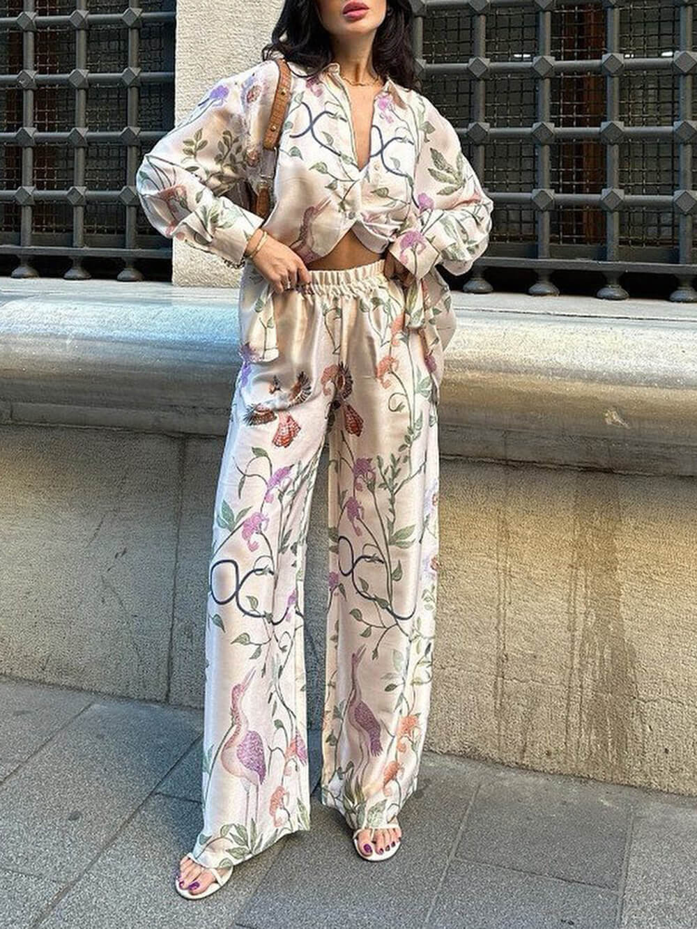 Elegant Floral Print Loose-Fit Button-Up Oversized Shirt